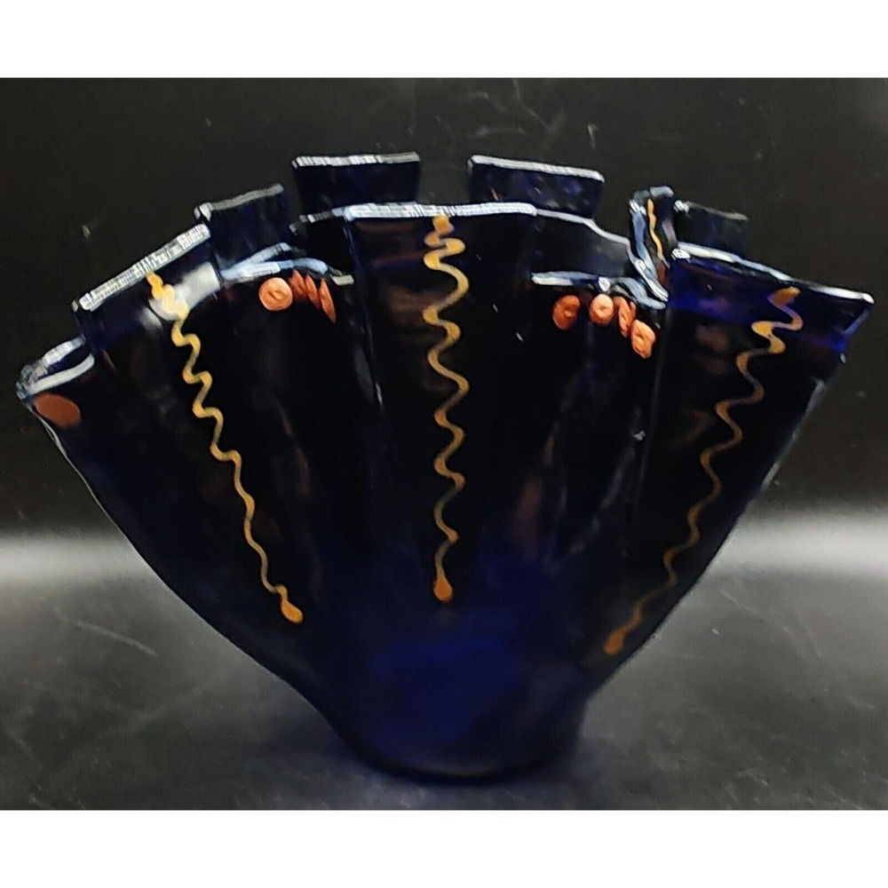 Vintage Art Glass Cobalt Blue Folded Handkerchief Vase Hand Painted Enamel 6"